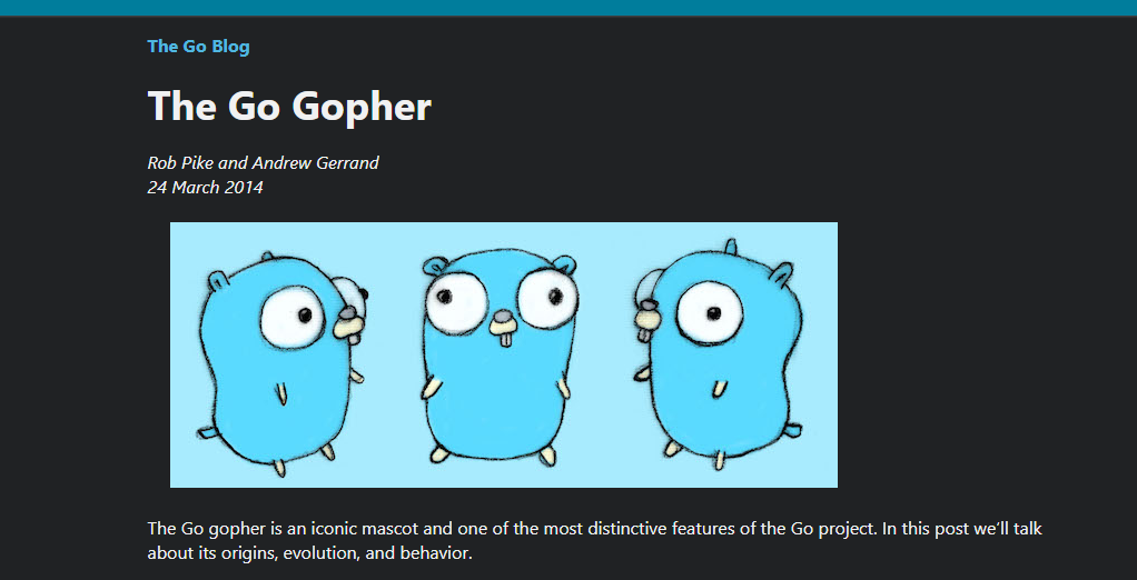 The Go Blog post 'The Go Gopher' by Rob Pike and Andrew Gerrand, 24 March 2014