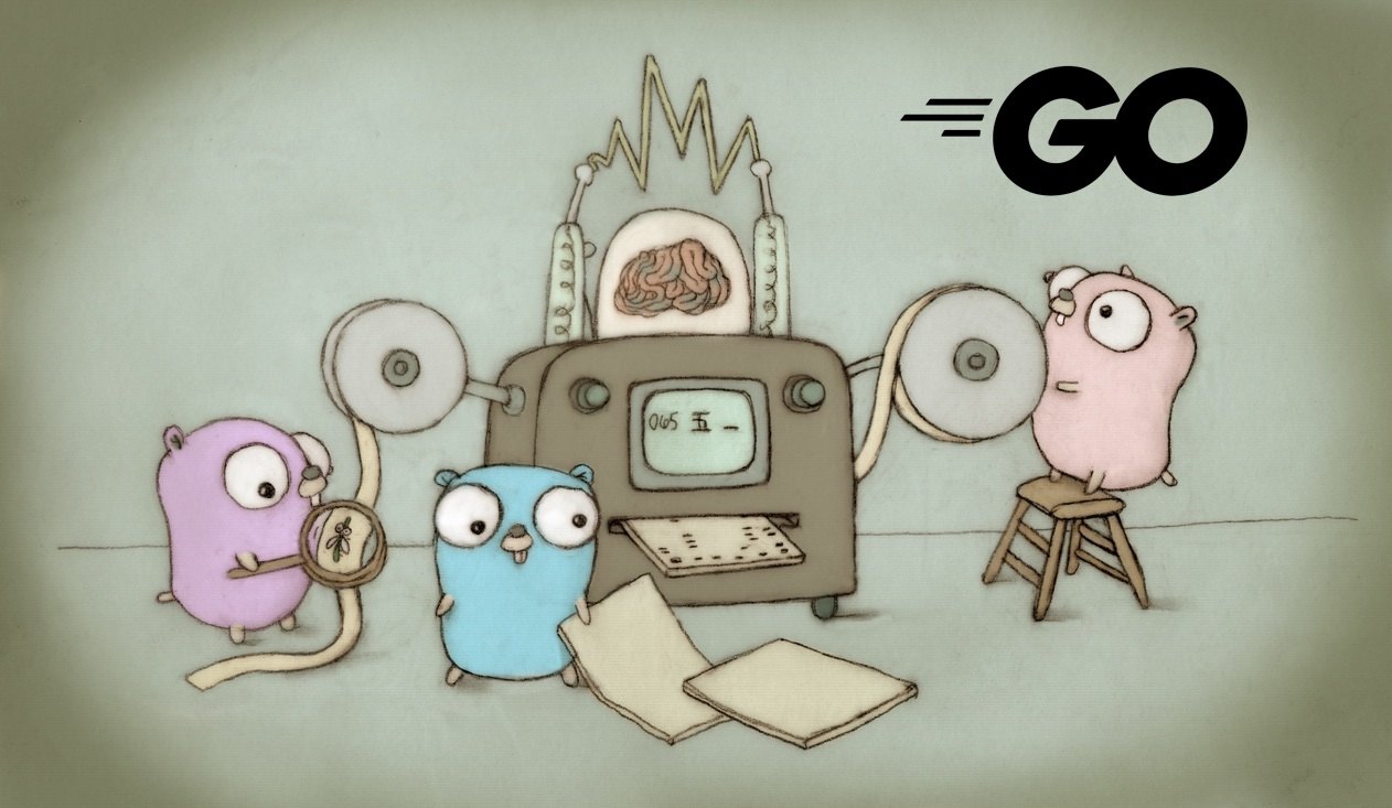 Renée French illustration of three gophers operating a brain-powered machine, with the Go logo